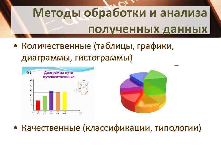 Методы обработки и анализа полученных данных • Количественные (таблицы, графики, диаграммы, гистограммы) • Качественные
