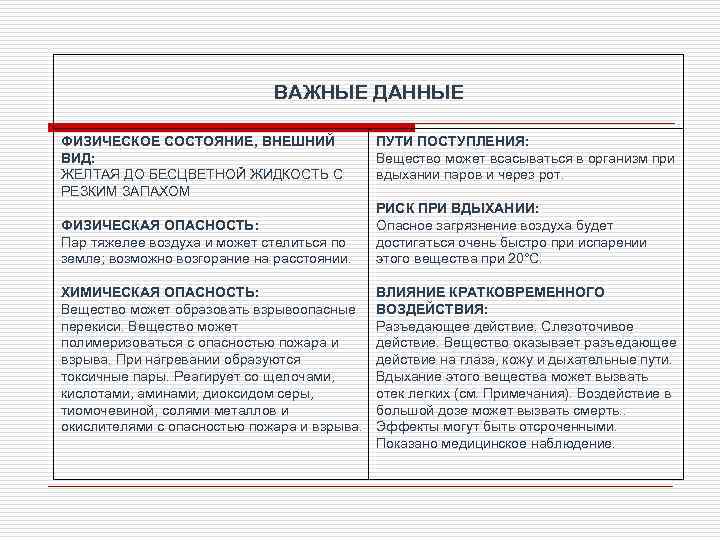 ВАЖНЫЕ ДАННЫЕ ФИЗИЧЕСКОЕ СОСТОЯНИЕ, ВНЕШНИЙ ВИД: ЖЕЛТАЯ ДО БЕСЦВЕТНОЙ ЖИДКОСТЬ С РЕЗКИМ ЗАПАХОМ ФИЗИЧЕСКАЯ