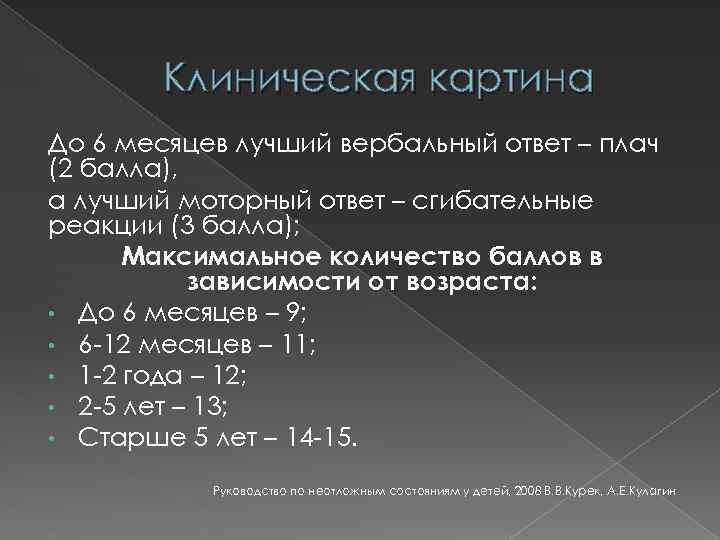 Клиническая картина До 6 месяцев лучший вербальный ответ – плач (2 балла), а лучший