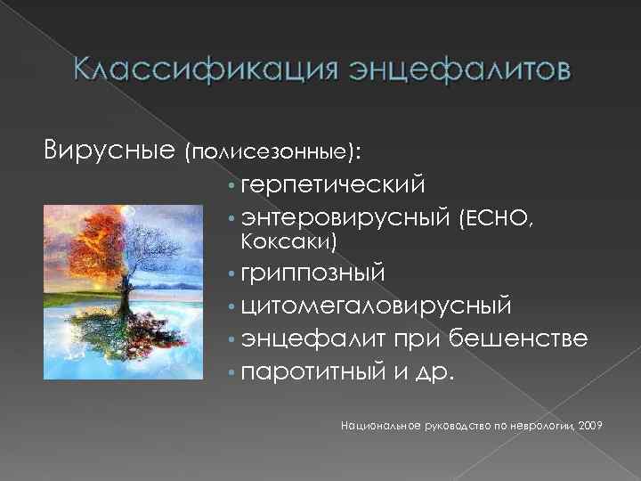 Классификация энцефалитов Вирусные (полисезонные): • герпетический • энтеровирусный (ECHO, Коксаки) • гриппозный • цитомегаловирусный