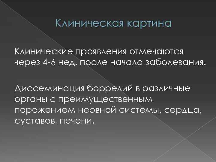 Клиническая картина Клинические проявления отмечаются через 4 -6 нед. после начала заболевания. Диссеминация боррелий