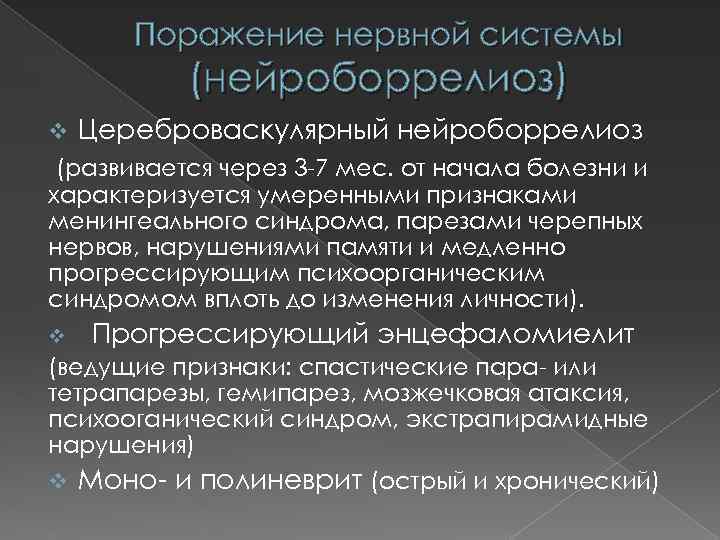 Поражение нервной системы (нейроборрелиоз) v Цереброваскулярный нейроборрелиоз (развивается через 3 -7 мес. от начала