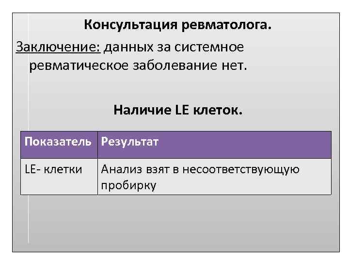 Консультация ревматолога. Заключение: данных за системное ревматическое заболевание нет. Наличие LE клеток. Показатель Результат