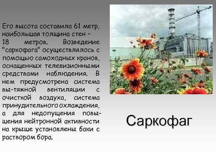 Его высота составила 61 метр, наибольшая толщина стен – 18 метров. Возведение "саркофага" осуществлялось