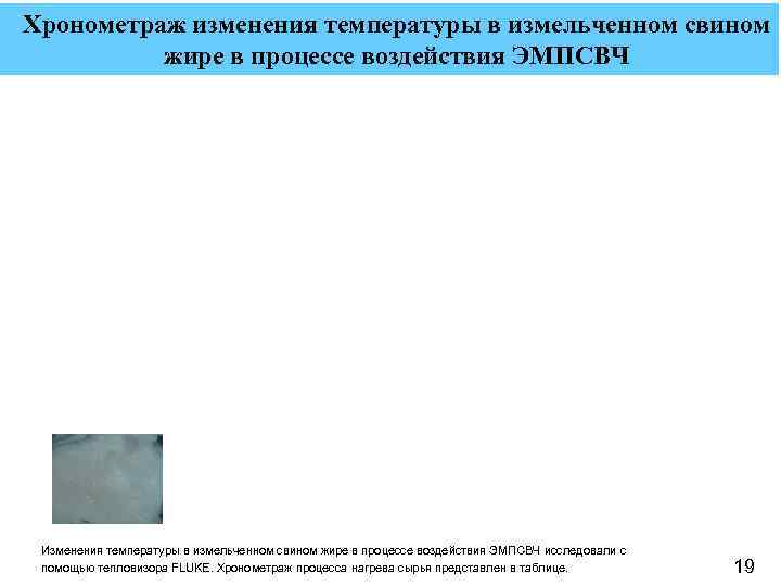 Хронометраж изменения температуры в измельченном свином жире в процессе воздействия ЭМПСВЧ Изменения температуры в