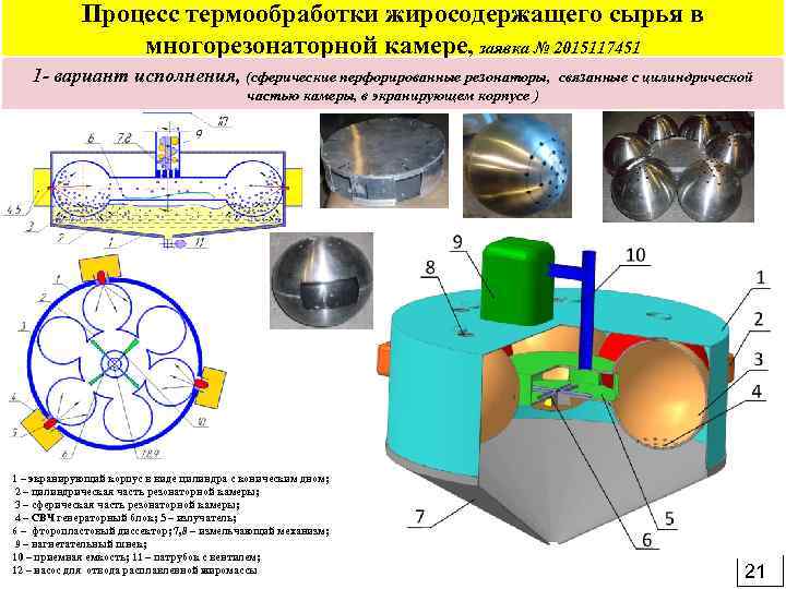 Процесс термообработки жиросодержащего сырья в многорезонаторной камере, заявка № 2015117451 1 - вариант исполнения,