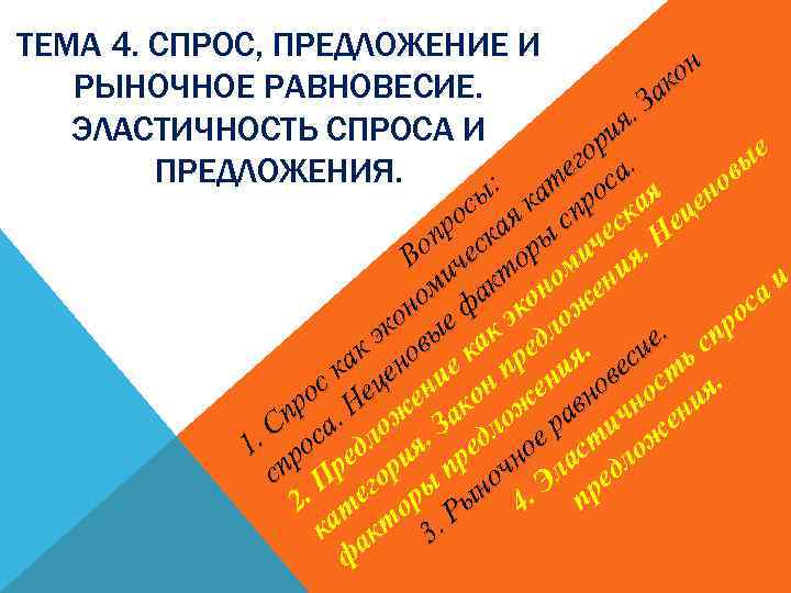 ТЕМА 4. СПРОС, ПРЕДЛОЖЕНИЕ И н ко РЫНОЧНОЕ РАВНОВЕСИЕ. За я. ЭЛАСТИЧНОСТЬ СПРОСА И