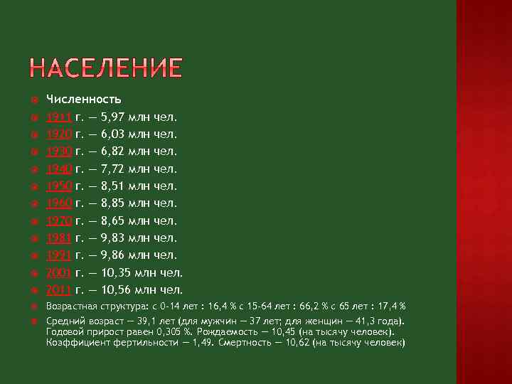  Численность 1911 г. — 5, 97 млн чел. 1920 г. — 6, 03