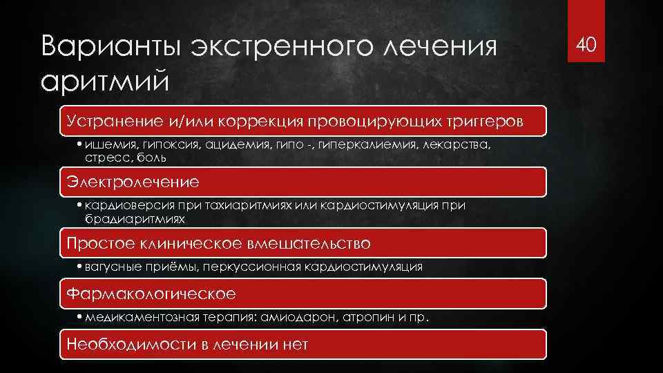 Варианты экстренного лечения аритмий Устранение и/или коррекция провоцирующих триггеров • ишемия, гипоксия, ацидемия, гипо