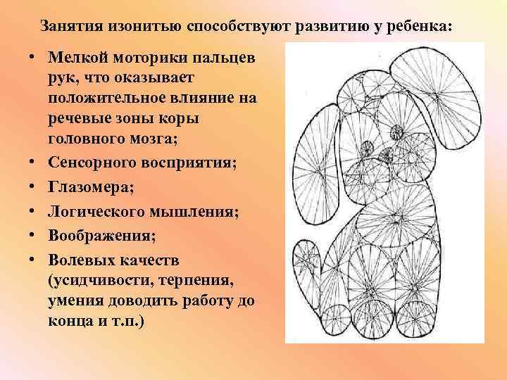 Занятия изонитью способствуют развитию у ребенка: • Мелкой моторики пальцев рук, что оказывает положительное