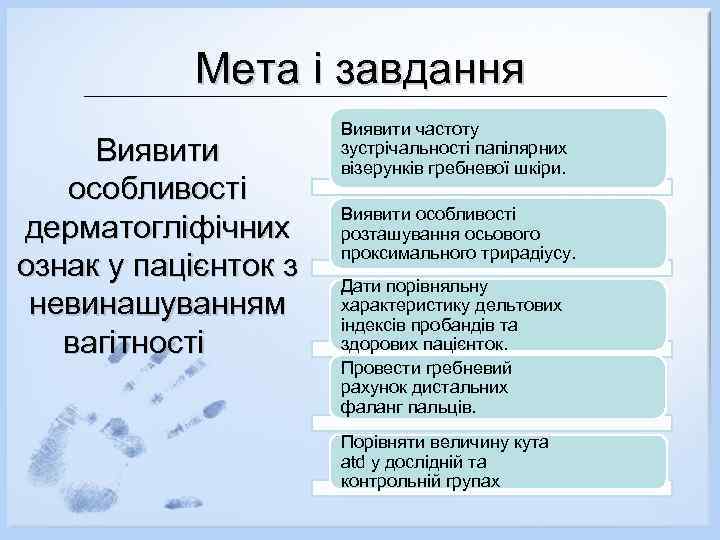 Мета і завдання Виявити особливості дерматогліфічних ознак у пацієнток з невинашуванням вагітності Виявити частоту