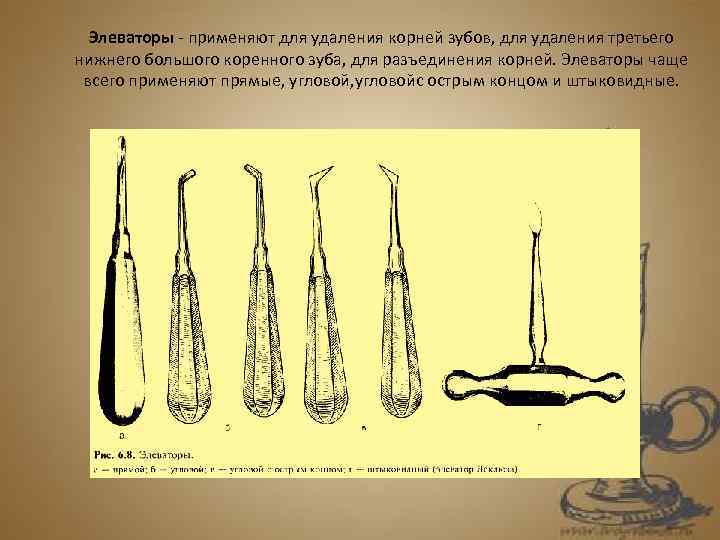 Элеваторы - применяют для удаления корней зубов, для удаления третьего нижнего большого коренного зуба,