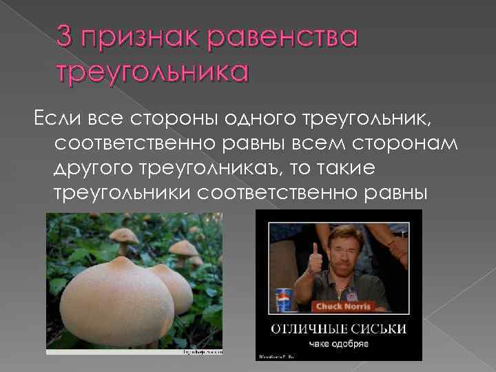 3 признак равенства треугольника Если все стороны одного треугольник, соответственно равны всем сторонам другого