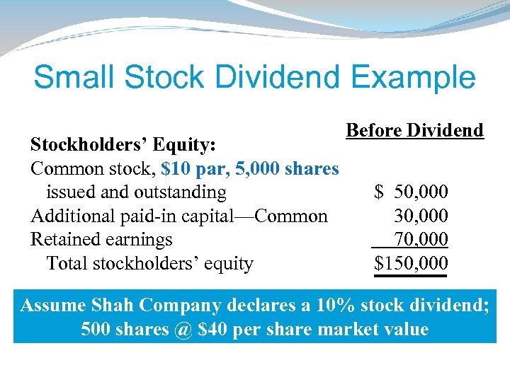 Small Stock Dividend Example Stockholders’ Equity: Common stock, $10 par, 5, 000 shares issued