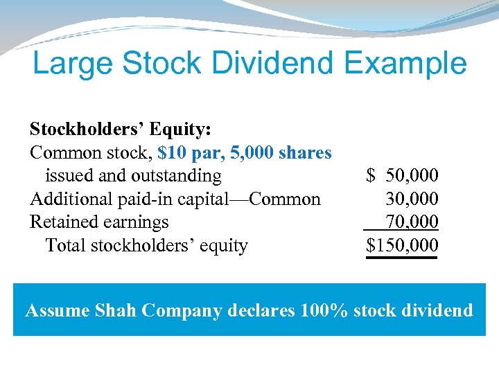 Large Stock Dividend Example Before Dividend Stockholders’ Equity: Common stock, $10 par, 5, 000