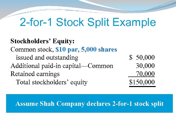 2 -for-1 Stock Split Example Stockholders’ Equity: Before Split Common stock, $10 par, 5,