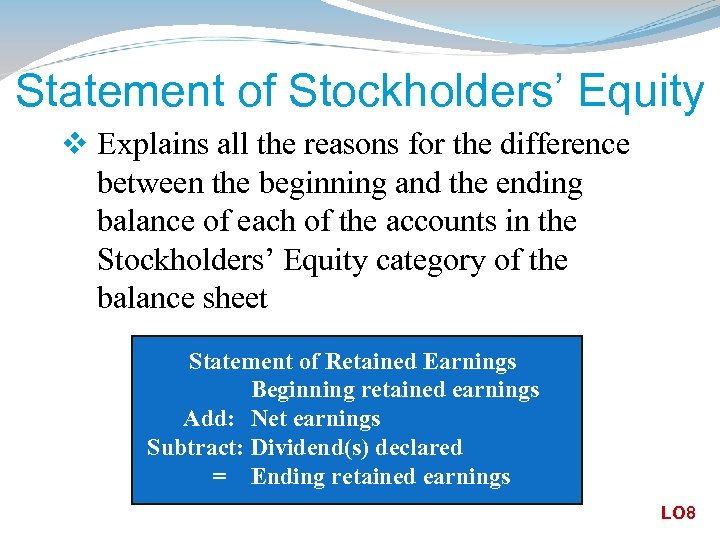 Statement of Stockholders’ Equity v Explains all the reasons for the difference between the