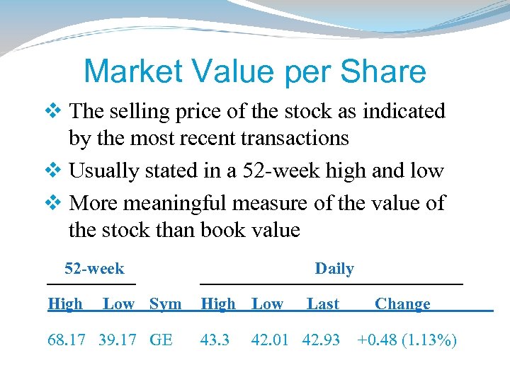 Market Value per Share v The selling price of the stock as indicated by
