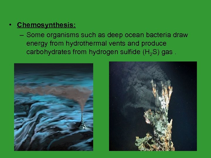 • Chemosynthesis: – Some organisms such as deep ocean bacteria draw energy from