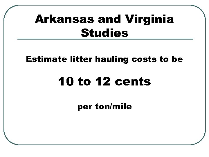Arkansas and Virginia Studies Estimate litter hauling costs to be 10 to 12 cents