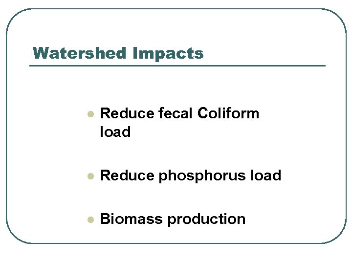 Watershed Impacts l Reduce fecal Coliform load l Reduce phosphorus load l Biomass production