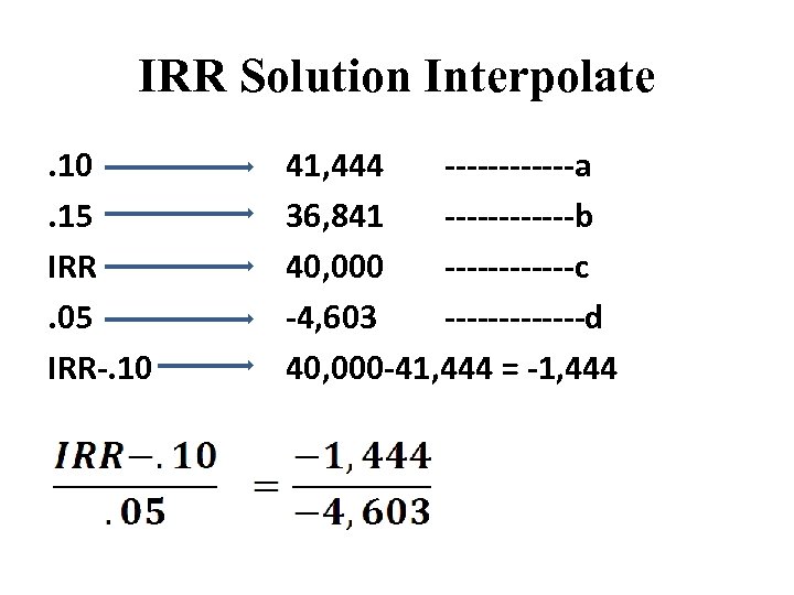 IRR Solution Interpolate. 10. 15 IRR. 05 IRR-. 10 41, 444 ------a 36, 841