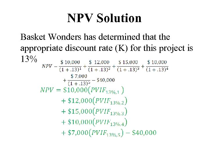 NPV Solution Basket Wonders has determined that the appropriate discount rate (K) for this