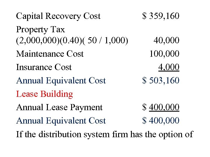 Capital Recovery Cost $ 359, 160 Property Tax (2, 000)(0. 40)( 50 / 1,