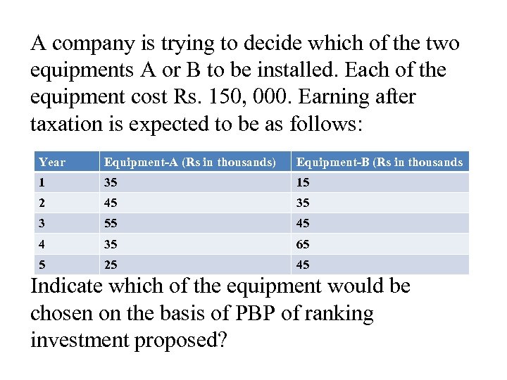 A company is trying to decide which of the two equipments A or B