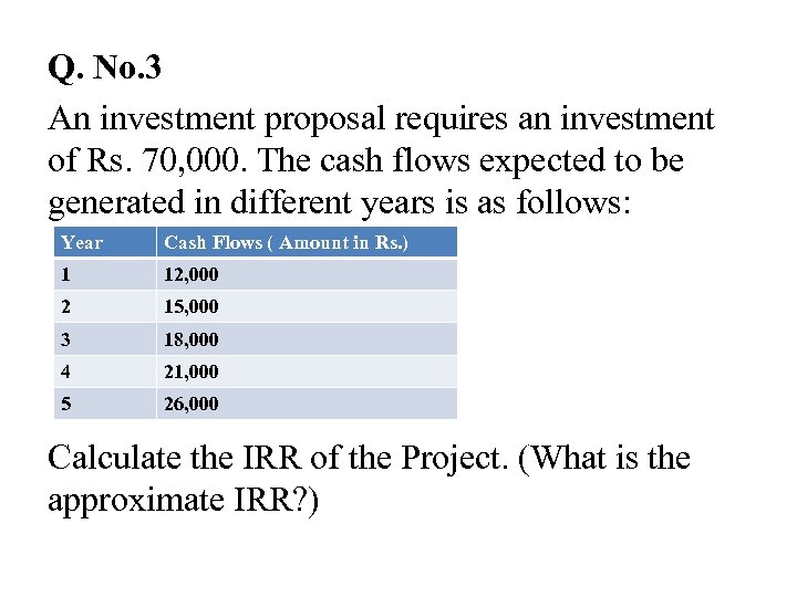 Q. No. 3 An investment proposal requires an investment of Rs. 70, 000. The