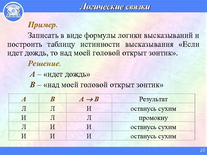 Логические связки Пример. Записать в виде формулы логики высказываний и построить таблицу истинности высказывания