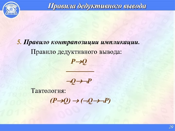 Правила дедуктивного вывода 5. Правило контрапозиции импликации. Правило дедуктивного вывода: P Q Q P