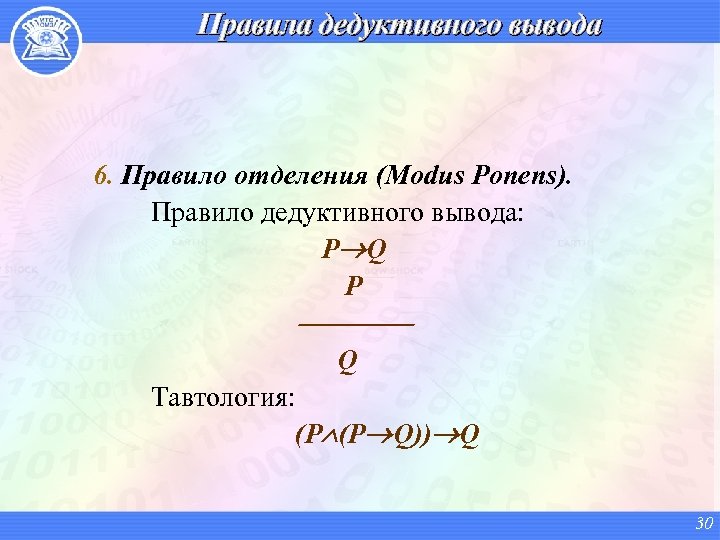 Правила дедуктивного вывода 6. Правило отделения (Modus Ponens). Правило дедуктивного вывода: P Q P