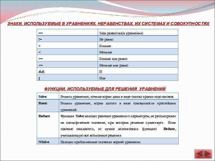 ЗНАКИ, ИСПОЛЬЗУЕМЫЕ В УРАВНЕНИЯХ, НЕРАВЕНСТВАХ, ИХ СИСТЕМАХ И СОВОКУПНОСТЯХ == Знак равенства(в уравнении) !=