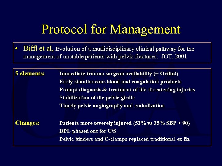 Protocol for Management • Biffl et al, Evolution of a mutlidisciplinary clinical pathway for