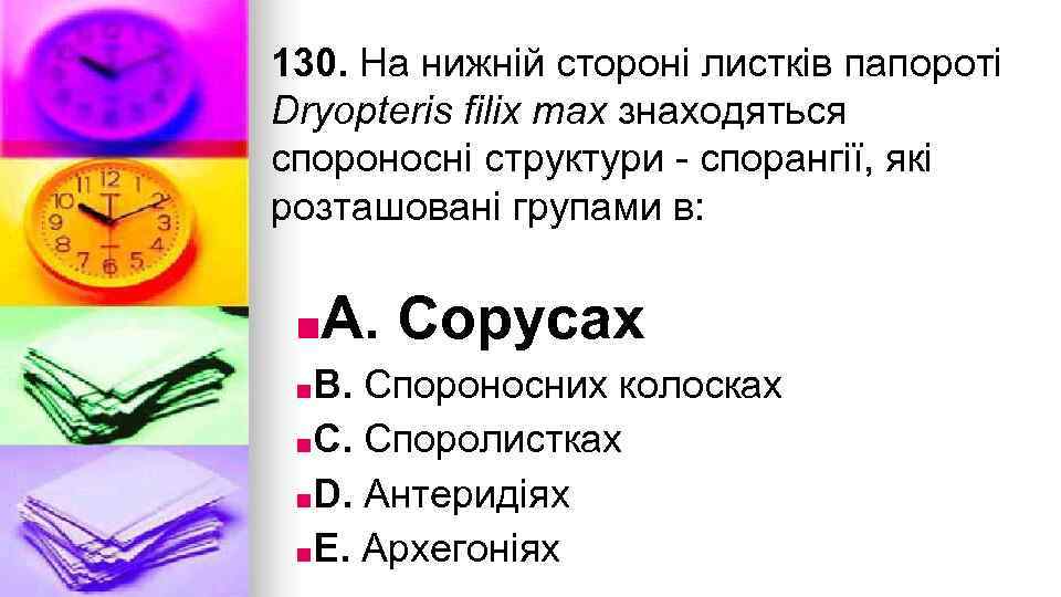 130. На нижнiй сторонi листкiв папоротi Dryopteris filix max знаходяться спороноснi структури - спорангiї,
