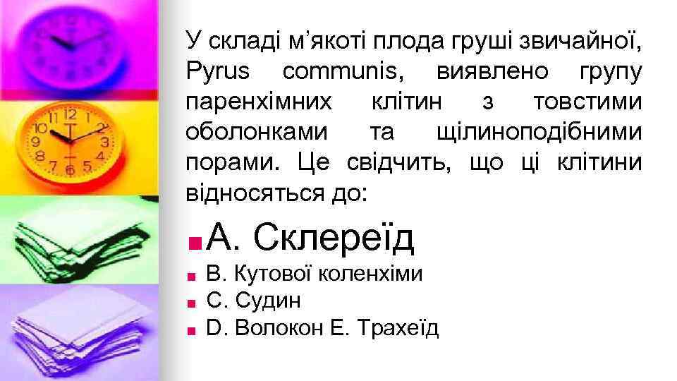 У складi м’якотi плода грушi звичайної, Pyrus communis, виявлено групу паренхiмних клiтин з товстими