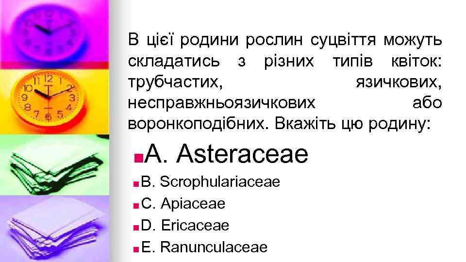 В цiєї родини рослин суцвiття можуть складатись з рiзних типiв квiток: трубчастих, язичкових, несправжньоязичкових