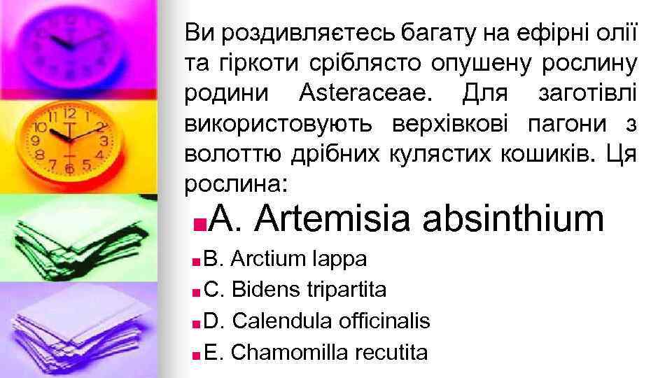 Ви роздивляєтесь багату на ефiрнi олiї та гiркоти срiблясто опушену рослину родини Asteraceae. Для