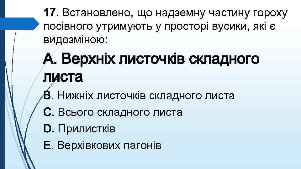 17. Встановлено, що надземну частину гороху посiвного утримують у просторi вусики, якi є видозмiною: