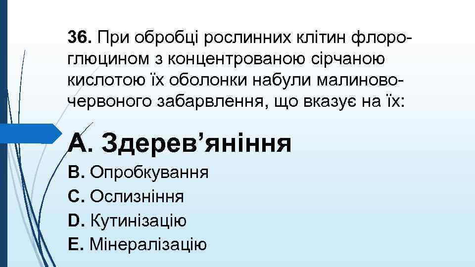 36. При обробцi рослинних клiтин флороглюцином з концентрованою сiрчаною кислотою їх оболонки набули малиновочервоного