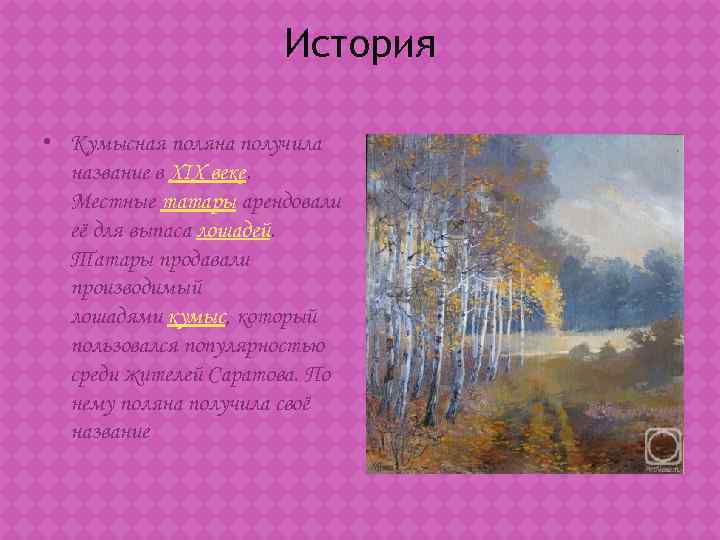 История • Кумысная поляна получила название в XIX веке. Местные татары арендовали её для