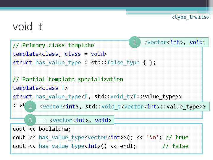 void_t <type_traits> 1 <vector<int>, void> // Primary class template<class, class = void> struct has_value_type