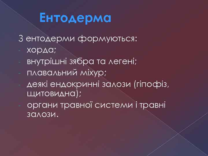 Ентодерма З ентодерми формуються: - хорда; - внутрішні зябра та легені; - плавальний міхур;