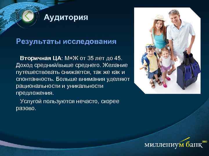 Аудитория Результаты исследования Вторичная ЦА: М+Ж от 35 лет до 45. Доход средний/выше среднего.