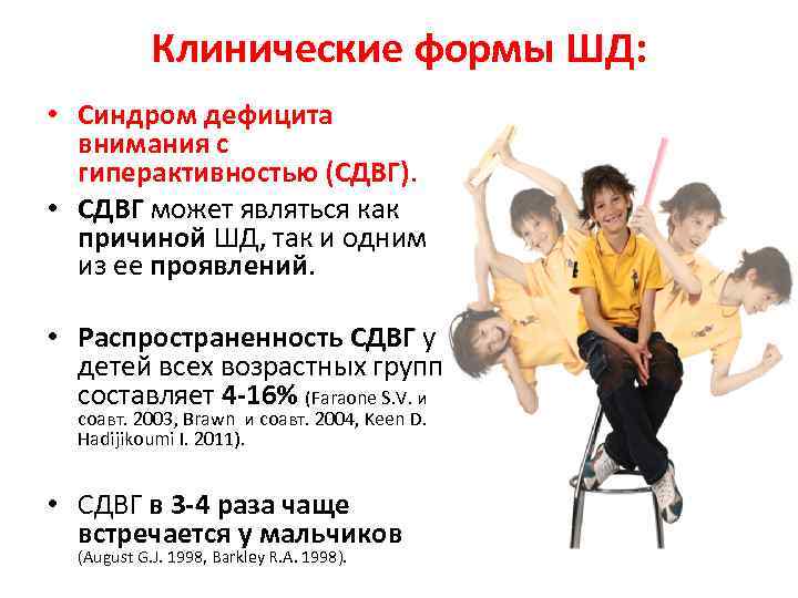 Клинические формы ШД: • Синдром дефицита внимания с гиперактивностью (СДВГ). • СДВГ может являться