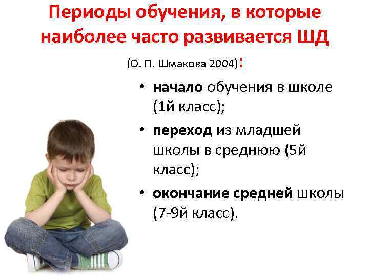 Периоды обучения, в которые наиболее часто развивается ШД (О. П. Шмакова 2004): • начало