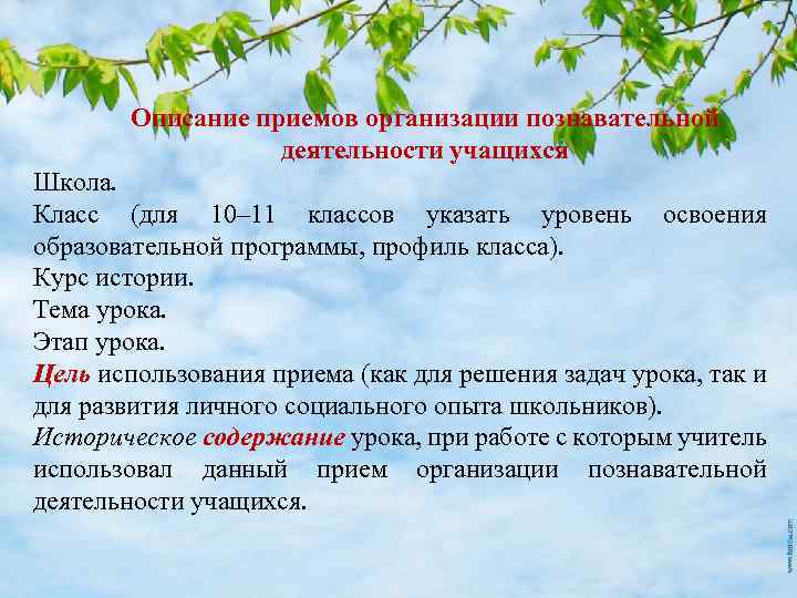 Описание приемов организации познавательной деятельности учащихся Школа. Класс (для 10– 11 классов указать уровень