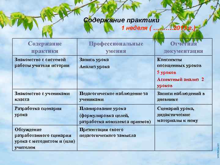 Содержание практики 1 неделя ( ………. 2015 г. ) Содержание практики Профессиональные умения Отчетная