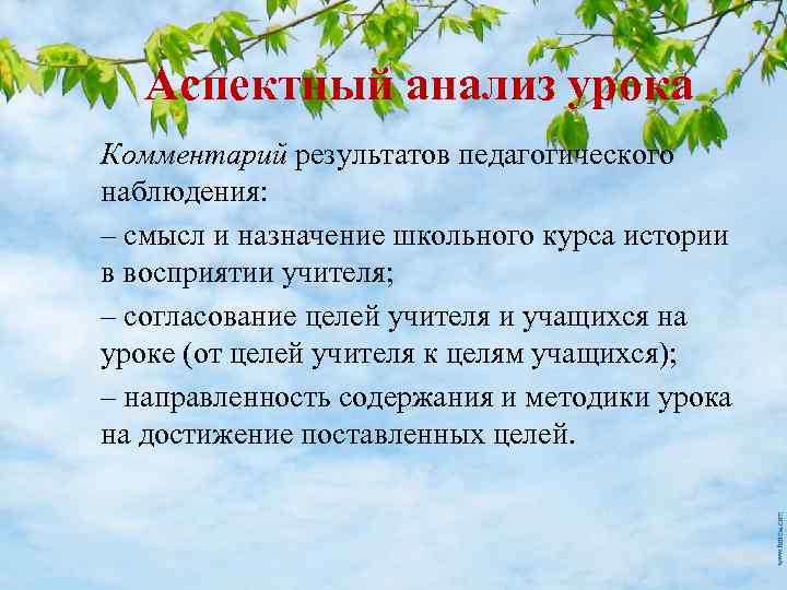 Аспектный анализ урока Комментарий результатов педагогического наблюдения: – смысл и назначение школьного курса истории